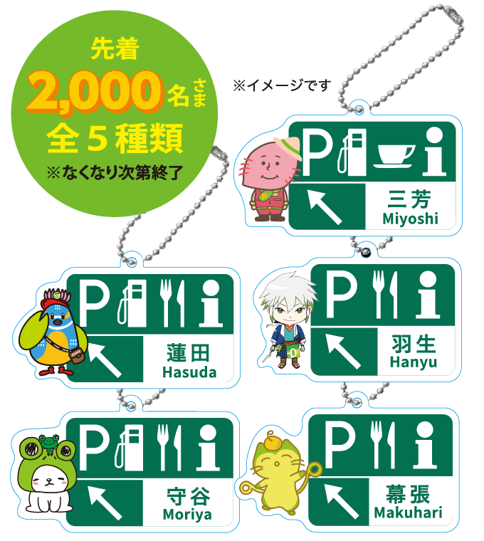 先着2,000名さま 全5種類 ※なくなり次第終了 賞品引換施設のインフォメーションで完成したスタンプ台紙を提示をすると、先着1,000名さまに、「Pasarオリジナルキャラクターアクリルキーホルダー」を1個差し上げます。ご好評につきアクリルキーホルダーの配布は終了いたしました。スタンプラリーは引き続きお楽しみいただけます。